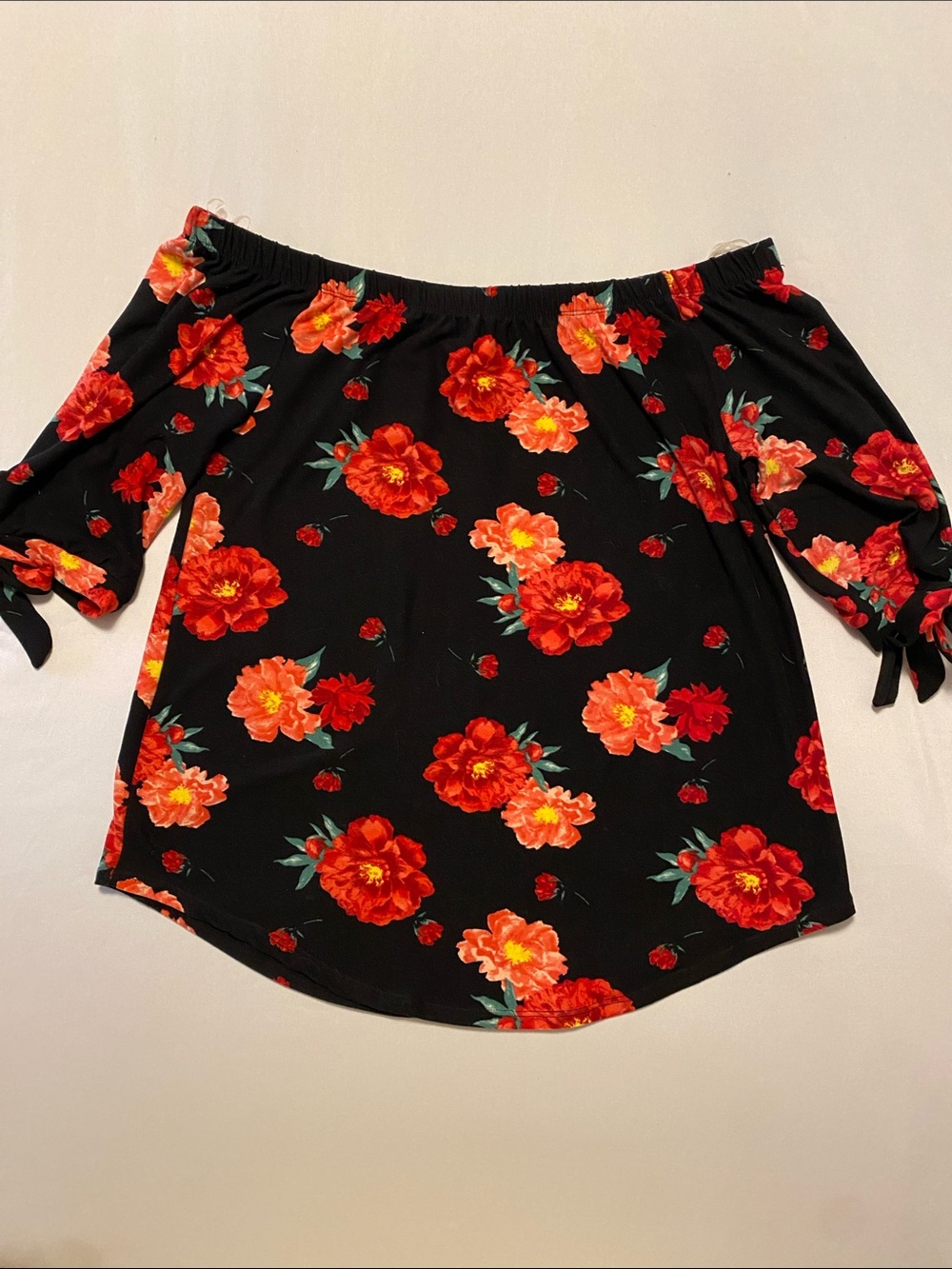 Off-Shoulder Black Floral Velvet Top with Red Orange Blooms Large